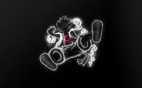 Neon-outline Monkey D. Luffy (One Piece) in a glowing mid-air pose, luminous white lines and red chest accent on a deep black background — 5K Ultra HD PC desktop wallpaper.