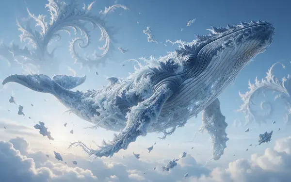 2K Quad HD PC desktop wallpaper: a majestic flying whale made of clouds gliding through a pale blue sky with swirling cloud formations.