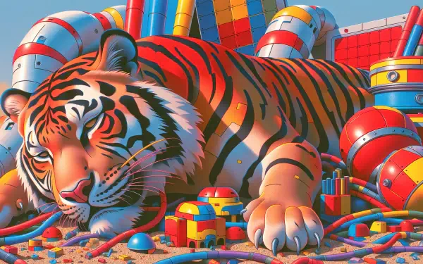 2K Quad HD PC desktop wallpaper of a Bengal tiger reclining amid bright, toy-like pipes and colorful blocks — a vivid, stylized tiger image.