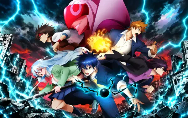 Psyren anime 4K Ultra HD PC desktop wallpaper: ensemble of characters in dynamic battle poses above a shattered city, crackling blue lightning and a blue‑haired hero clutching a glowing energy orb.