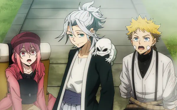 The Vermilion Mask anime 4K Ultra HD PC Desktop Wallpaper and Background — three characters on stone steps: pink-haired girl, white-haired man with a small skull mask on his shoulder, and a surprised blond youth.