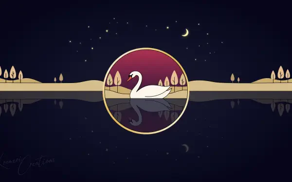8K Ultra HD PC desktop wallpaper vector art: white swan waterfowl on a reflective lake beneath a crescent moon and starry night sky, framed by stylized trees and shoreline.