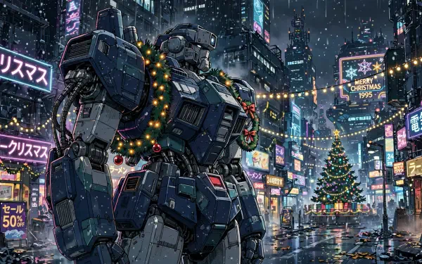 A holiday-decorated mecha stands in a rainy neon cyberpunk street beside a lit Christmas tree, wreaths and glowing billboards — HD PC Desktop Wallpaper and Background.