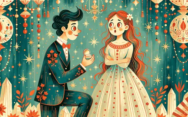 2K Quad HD PC desktop wallpaper and background: whimsical illustrated couple in love—man kneeling with ring in a starry, lantern-lit floral scene during a proposal.