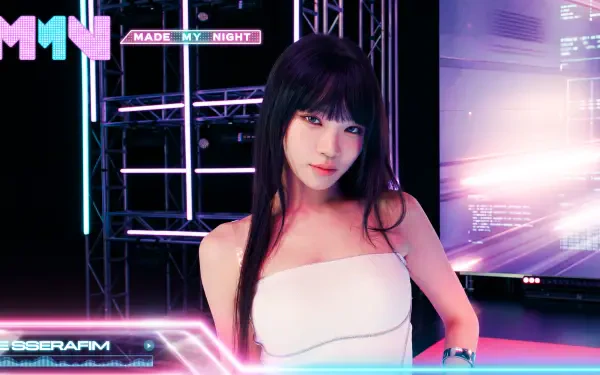 5K Ultra HD PC desktop wallpaper of a K-pop idol on a neon Overwatch 2–style stage, purple-pink lighting and futuristic screens framing a poised portrait.