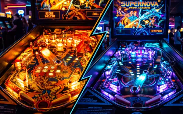5K Ultra HD PC desktop wallpaper of two illuminated pinball arcade machines with vivid neon colors and detailed playfields.