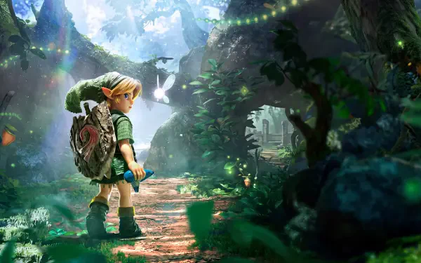 5K Ultra HD PC wallpaper: Link from The Legend of Zelda: Ocarina of Time (2026) stands on a sunlit forest path, ocarina on his pack and a fairy glowing nearby.