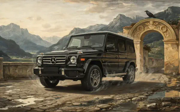 2K Quad HD PC desktop wallpaper: black Mercedes-Benz G-Class luxury SUV on cobblestones beside an ornate arch with mountains in the background.