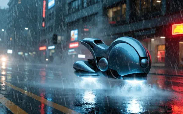 2K Quad HD PC desktop wallpaper: a glossy hoverbike/flying car concept — a sleek futuristic car hovering over a rain‑slick city street at night.