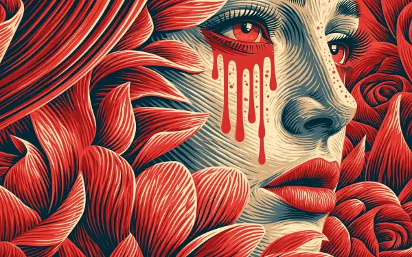2K Quad HD PC desktop wallpaper: portrait of a sad, crying woman framed by red flower petals, her tears streaking down like dripping paint.