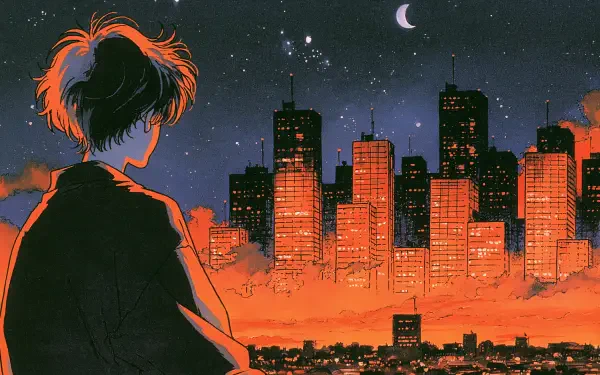 Anime city skyline at dusk: lone figure with windswept hair gazes over a glowing orange cityscape under a starry sky and crescent moon — 2K Quad HD PC desktop wallpaper/background.