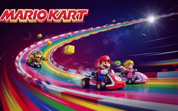 Mario Kart race scene: Mario, Princess Peach and Bowser speed karts along a vibrant rainbow track under a starry sky — 2K Quad HD PC desktop wallpaper/background.