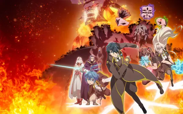 A Returner's Magic Should Be Special — HD anime desktop wallpaper showing characters wielding swords and magic amid raging flames.