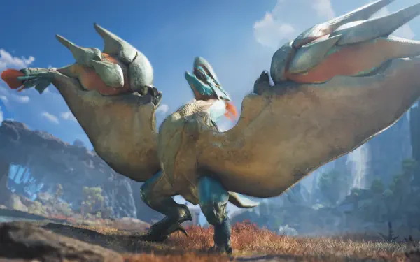 Ascendance dragon from Monster Hunter Wilds stands with wings unfurled over a sunlit wildland — 4K Ultra HD PC desktop wallpaper/background.