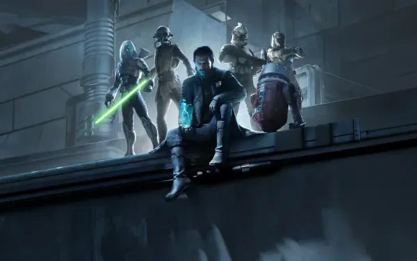 Star Wars: Zero Company video game — five armored figures, one brandishing a green lightsaber, perched on an industrial rooftop under dramatic sci‑fi lighting. 4K Ultra HD PC Desktop Wallpaper and Background.