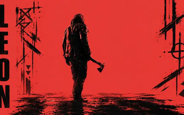 Leon S. Kennedy silhouette with an axe on a blood-red backdrop, stylized Resident Evil and Resident Evil Requiem 5K Ultra HD PC desktop wallpaper.