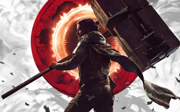 Control Resonant: Dylan Faden as a warrior wielding a massive sword before a glowing red portal — 4K Ultra HD PC desktop wallpaper background.
