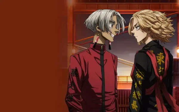 Tokyo Revengers 4K Ultra HD PC desktop wallpaper: two rivals face off in a red-lit corridor — silver-haired in a red jacket and blond in a black jacket with kanji.