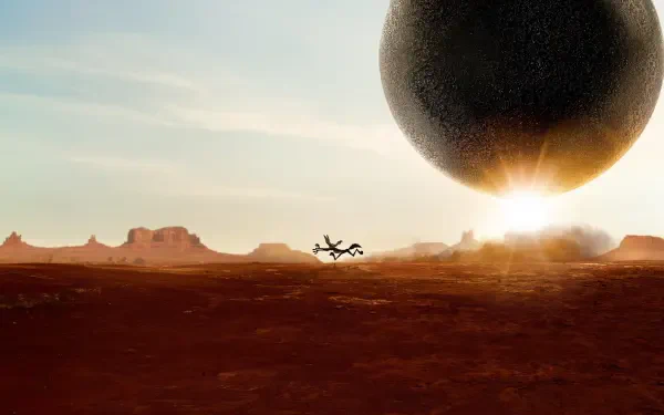 Coyote vs Acme 4K Ultra HD PC desktop wallpaper: silhouetted coyote runs across a red desert as a colossal Acme sphere looms above the sunrise horizon.