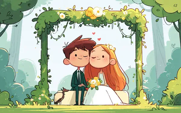 Cartoon bride and groom share a kiss under a flowered arch at their marriage ceremony — cheerful wedding scene in a 2K Quad HD PC desktop wallpaper background