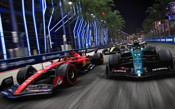 F1 race cars battling at night on a neon city circuit, dynamic close-up action shot — 4K Ultra HD PC Desktop Wallpaper and Background.