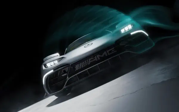 Low-angle front view of a Mercedes‑Benz AMG car with teal motion trails on a dark backdrop — 4K Ultra HD PC desktop wallpaper and background.