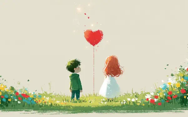 2K Quad HD PC desktop wallpaper background: two children in a flowered meadow holding a floating heart-shaped balloon, a tender scene of love and companionship.