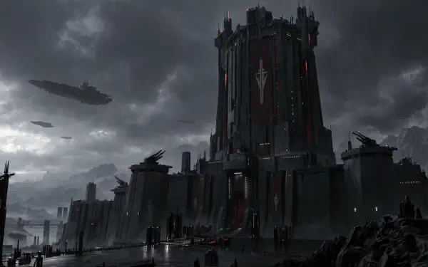 Dark fortified tower looms over a sprawling fortress and stormy cityscape under heavy clouds, 4K Ultra HD PC desktop wallpaper and background.