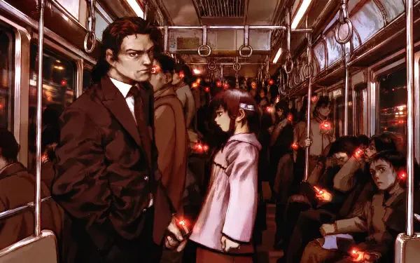 Serial Experiments Lain — Lain Iwakura amid subway passengers on a dim, crowded train, glowing handheld lights; 4K Ultra HD PC desktop wallpaper.