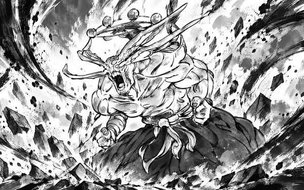 4K Ultra HD PC desktop wallpaper depicting Mahoraga (Jujutsu Kaisen): a roaring, multi-limbed demon monster amid explosive debris and swirling black energy in high-contrast monochrome.