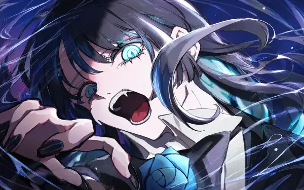 4K Ultra HD anime desktop wallpaper of a fierce blue-eyed girl shouting, dark hair with teal streaks, dynamic lighting—styled after Ado (Nico Nico singer) and Ado's Best Adobum.