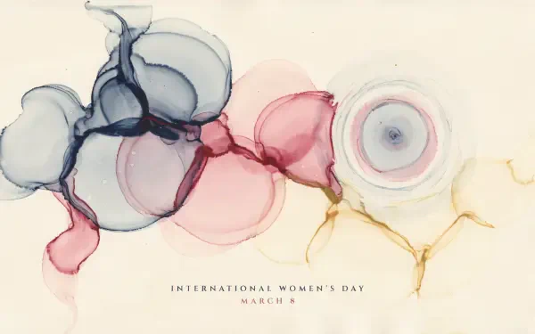 Abstract watercolor circles in soft pink, blue and gold with International Women's Day — March 8 text, styled as a 2K Quad HD PC desktop wallpaper background.