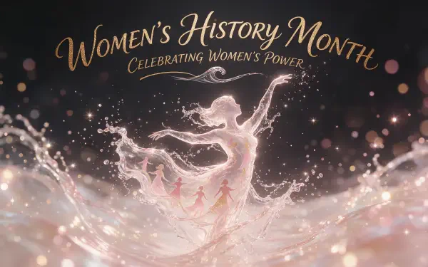 2K Quad HD PC desktop wallpaper: Women's History Month — luminous woman figure rising from swirling light and stars, with the words Celebrating Women's Power.