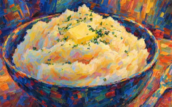 4K Ultra HD desktop wallpaper: painterly bowl of mashed potatoes topped with butter and herbs, rice-like textured brushstrokes in vivid colors, food background.