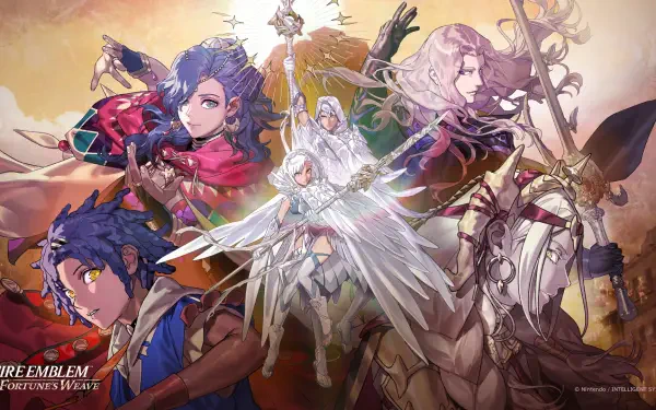 HD PC desktop wallpaper and background: Fire Emblem: Fortune's Weave — radiant, golden-hued illustration of armored heroes surrounding a luminous winged figure.