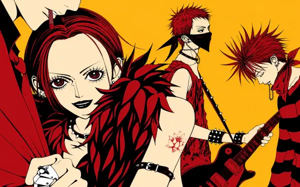 4K Ultra HD PC wallpaper: Nana Osaki and Black Stones bandmates in anime style, red-and-black outfits and electric guitars against a vivid yellow background.