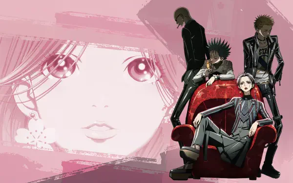 4K Ultra HD anime PC wallpaper: Nana Komatsu's pink-toned close-up fills the background while the Black Stones members pose around a red armchair.