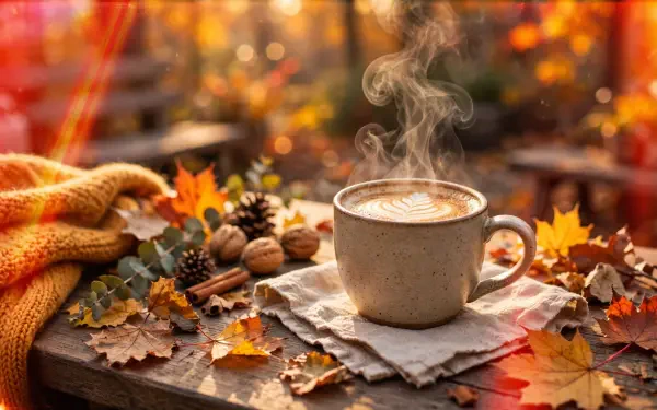 Steaming cup of coffee on a wooden table surrounded by autumn leaves, pinecones and a cozy knit throw — HD PC desktop wallpaper and background.