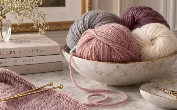 4K Ultra HD PC desktop wallpaper background showing a serene knitting scene: pastel yarn balls in a bowl, gold knitting needles, a knit swatch and knitting books.