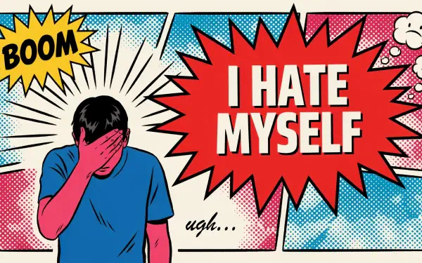Comic-style 2K Quad HD PC desktop wallpaper/background showing a figure facepalming under a red burst reading 'I HATE MYSELF', conveying depression and sadness.