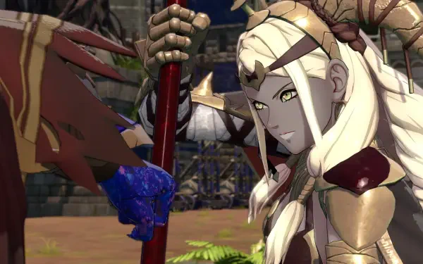 Fire Emblem: Fortune's Weave anime 4K PC wallpaper — blonde armored woman with horned headpiece holding a red staff, confronting a blue-gloved figure.