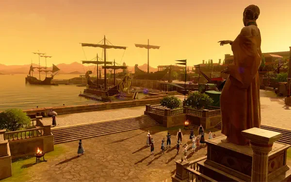 HD PC desktop wallpaper of Fire Emblem: Fortune's Weave — a golden harbor at sunset with moored ships, quay steps and a large statue overlooking the bay.
