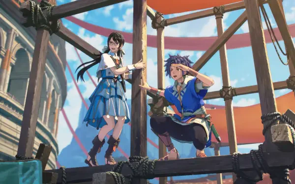 Fire Emblem: Fortune's Weave anime 4K Ultra HD PC wallpaper: two characters on wooden scaffolding framed by a bright, cloud-filled sky.