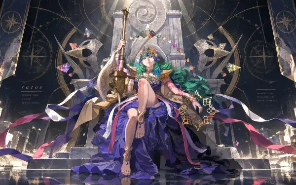 4K Ultra HD PC desktop wallpaper: Sothis from Fire Emblem: Fortune's Weave — a green‑haired queen in an ornate crown and flowing purple gown seated on a grand throne amid celestial motifs.