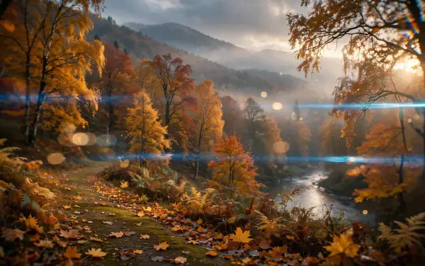 HD PC desktop wallpaper: autumn fall landscape — forested mountain river with golden trees and fallen leaves, misty light and distant peaks.