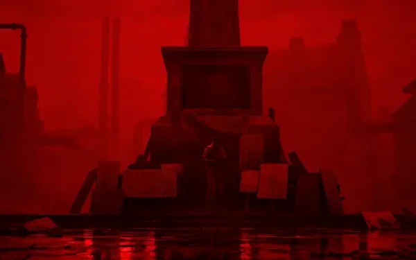 Silent Hill: Townfall 4K Ultra HD PC wallpaper — a blood-red cityscape centered on a monolithic monument tower rising from flooded streets.