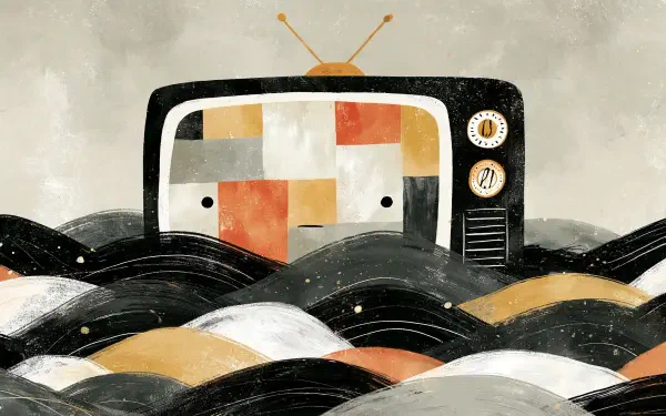 Artistic retro television with colorful patchwork screen emerging from stylized waves in a muted palette — abstract 2K Quad HD PC desktop wallpaper and background.