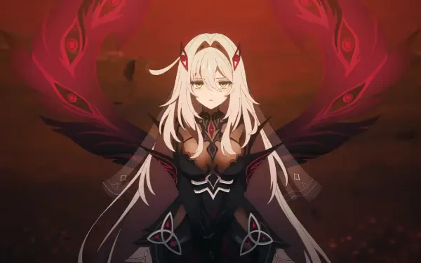 HD PC desktop wallpaper of Ronova (Genshin Impact): an anime horned girl with long white hair, a dark outfit and glowing red wing-like shadows against a blood-red, moody background.