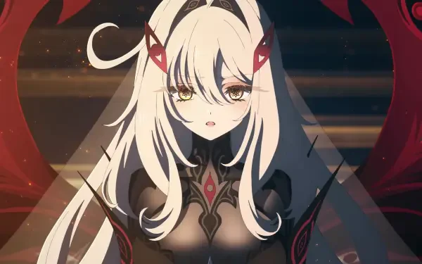 HD PC desktop wallpaper of Ronova (Genshin Impact): pale-haired anime girl with red horn-like hair ornaments, ornate dark armor and glowing amber eyes on a red-black backdrop.