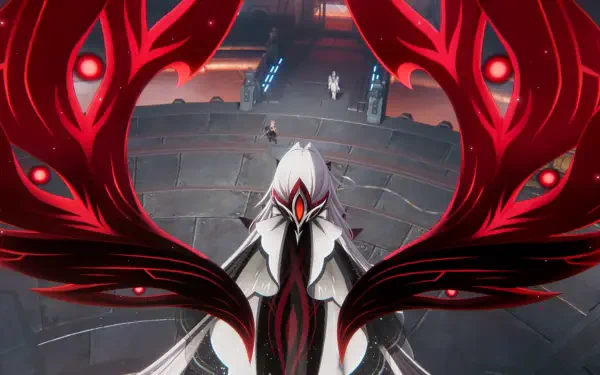 HD PC wallpaper of Ronova (Genshin Impact) portrayed as a demon with sweeping red-black wings, seen from above as she looms over a circular arena.